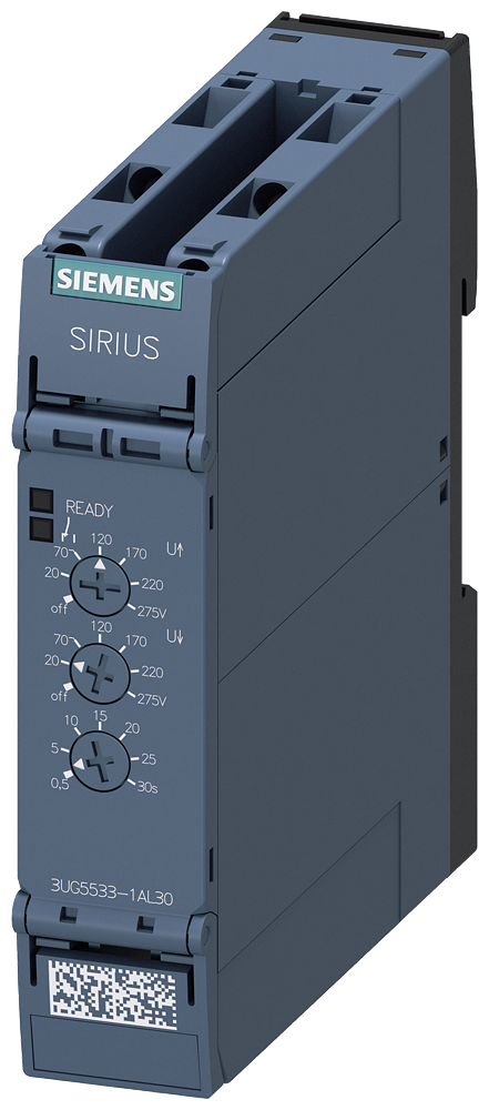 analog monitoring relay voltage monitoring from 20 to 275 V AC/DC overshoot and undershoot with internal power supply 24 to 240 V DC and AC 50 to 60 Hz ON delay and tripping delay 0.1 .. 30 s 1 changeover contact screw terminal by Siemens