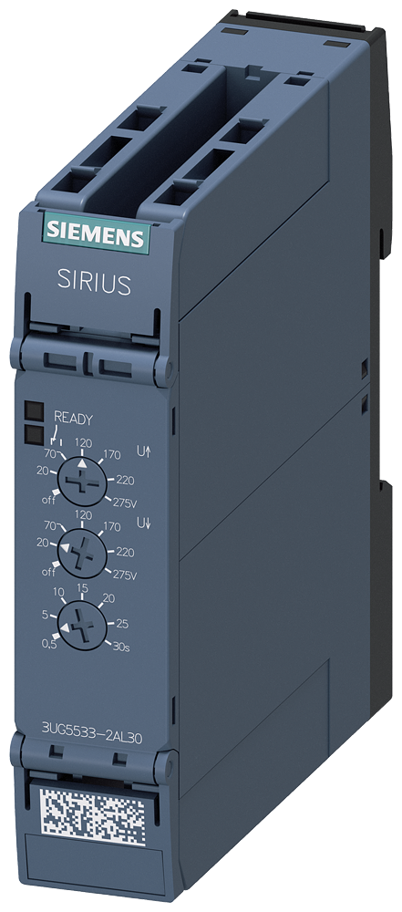analog monitoring relay voltage monitoring from 20 to 275 V AC/DC overshoot and undershoot with internal power supply 24 to 240 V DC and AC 50 to 60 Hz ON delay and tripping delay 0.1 .. 30 s 1 changeover contact spring-loaded terminal by Siemens