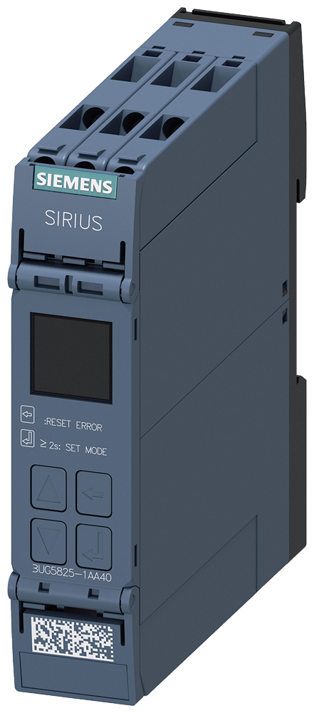 digital monitoring relay residual current monitoring (with current transformer 3UL23) adjustment range 0.03...40 A supply voltage 24 V DC ON delay and tripping delay 0.1..999.9 s 1 changeover contact screw terminal by Siemens