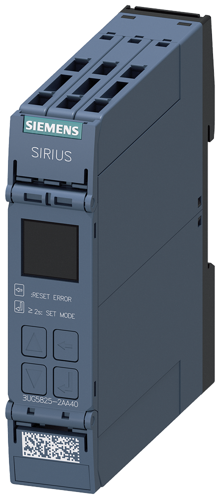 digital monitoring relay residual current monitoring (with current transformer 3UL23) adjustment range 0.03...40 A supply voltage 24 V DC ON delay and tripping delay 0.1..999.9 s 1 changeover contact spring-loaded terminal by Siemens
