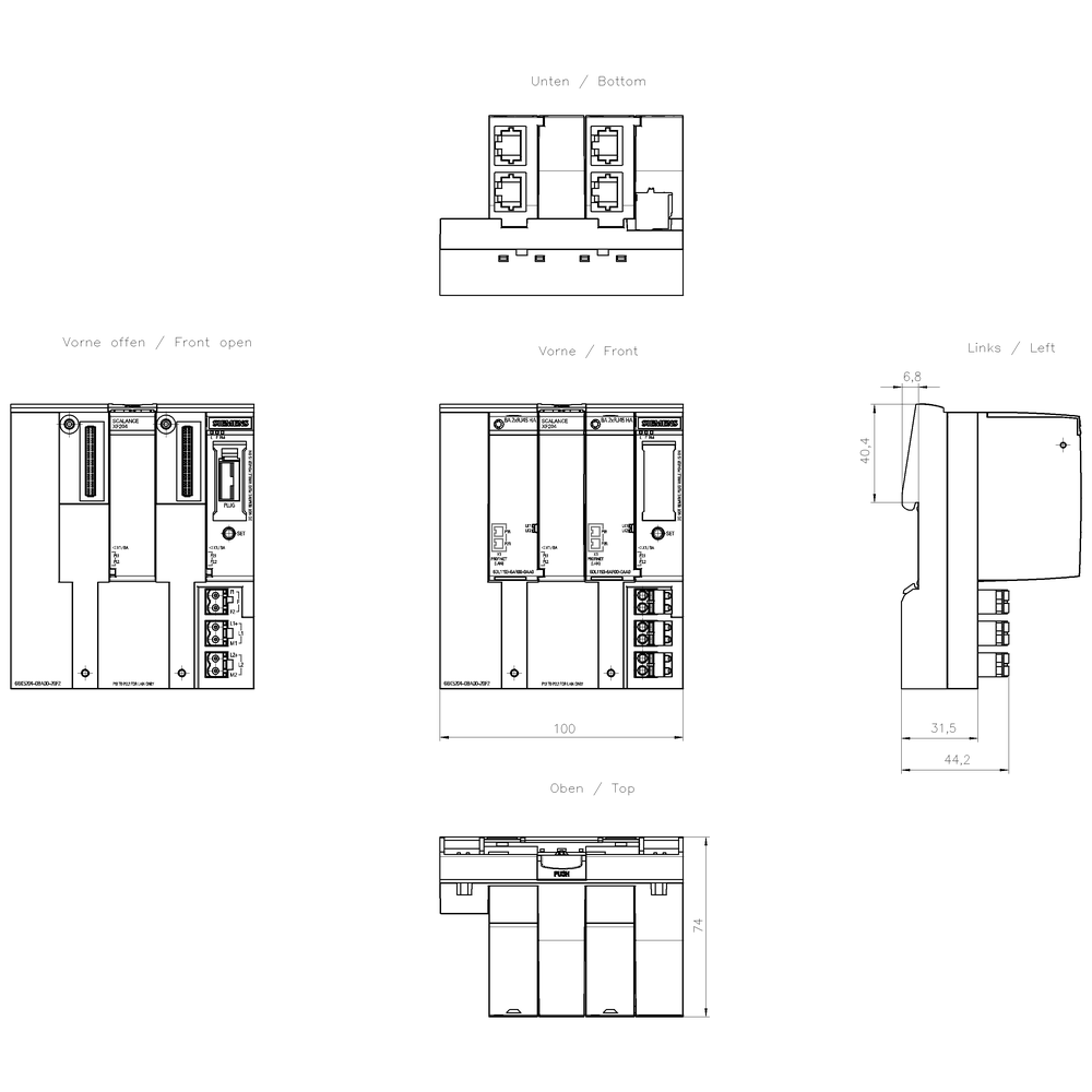 SCALANCE XF204, konfig. switch, 4 x 10/100Mbit/s, 2x rozhraní sběrnic. adaptéru