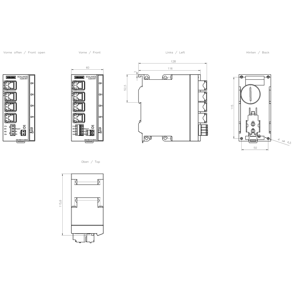 SCALANCE X204IRT, konfigurovatelný switch Layer 2, 4x RJ45