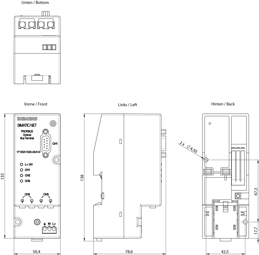 PROFIBUS OBT 2.0, optický zakončovací člen, pro připojení na optický PROFIBUS