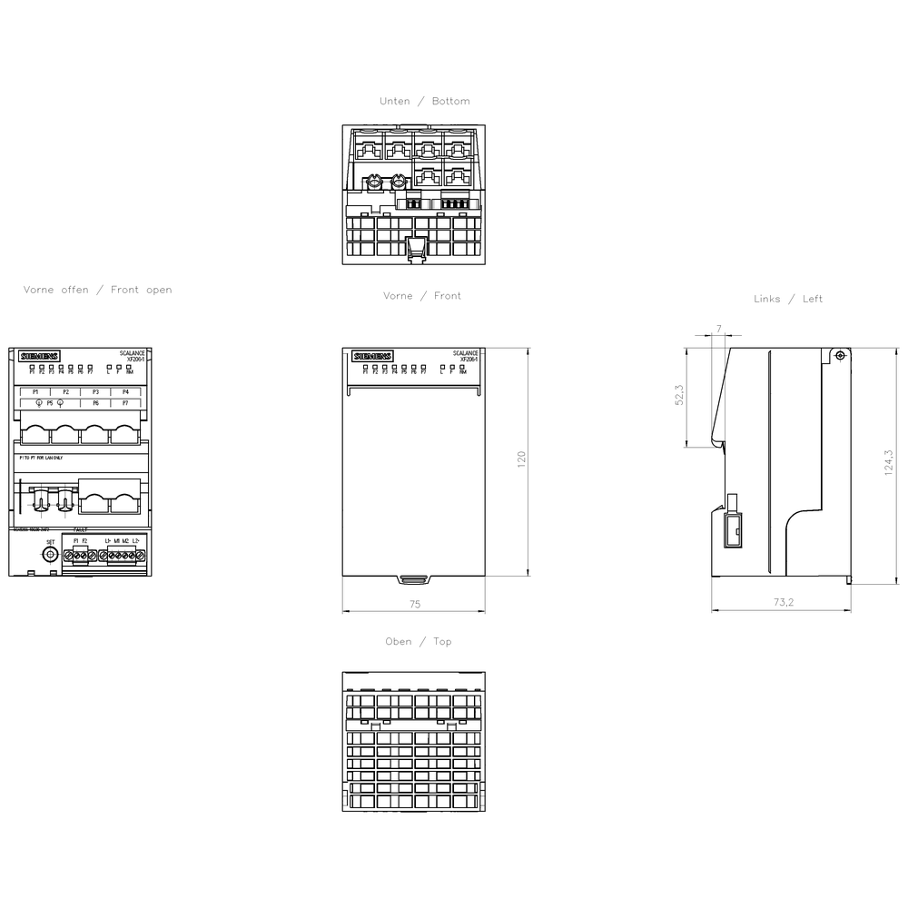 SCALANCE XF206-1, konfig. plochý switch Layer 2, 6x RJ45, 1x multimod. ST/BFOC