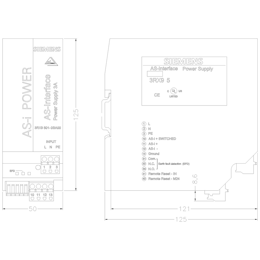 3RX9501-1BA00 AS-I Power 3A DC24V IP20, AS-I napájecí zdroj, in: DC24V, out: AS-Interface, 3A (DC30V