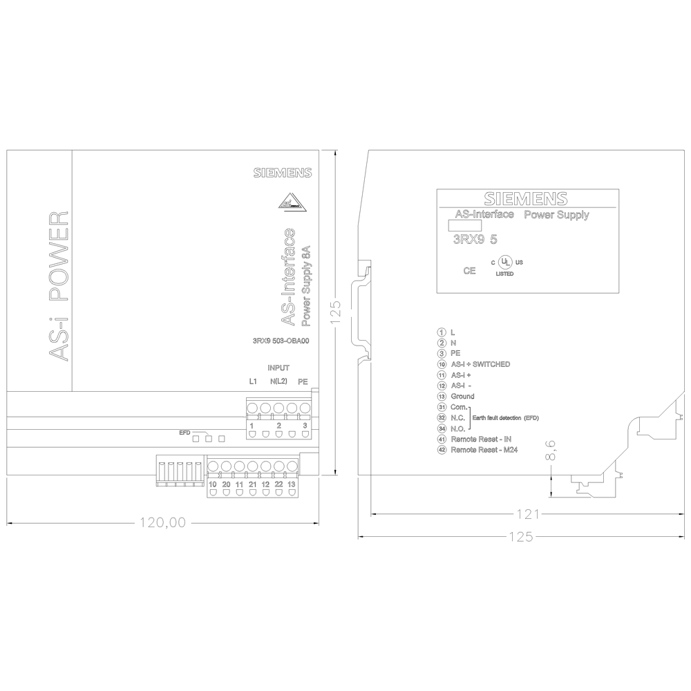 3RX9503-0BA00 AS-I Power 8A AC120V/230-500V IP20, AS-I napájecí zdroj, in: AC120V/230V-500V