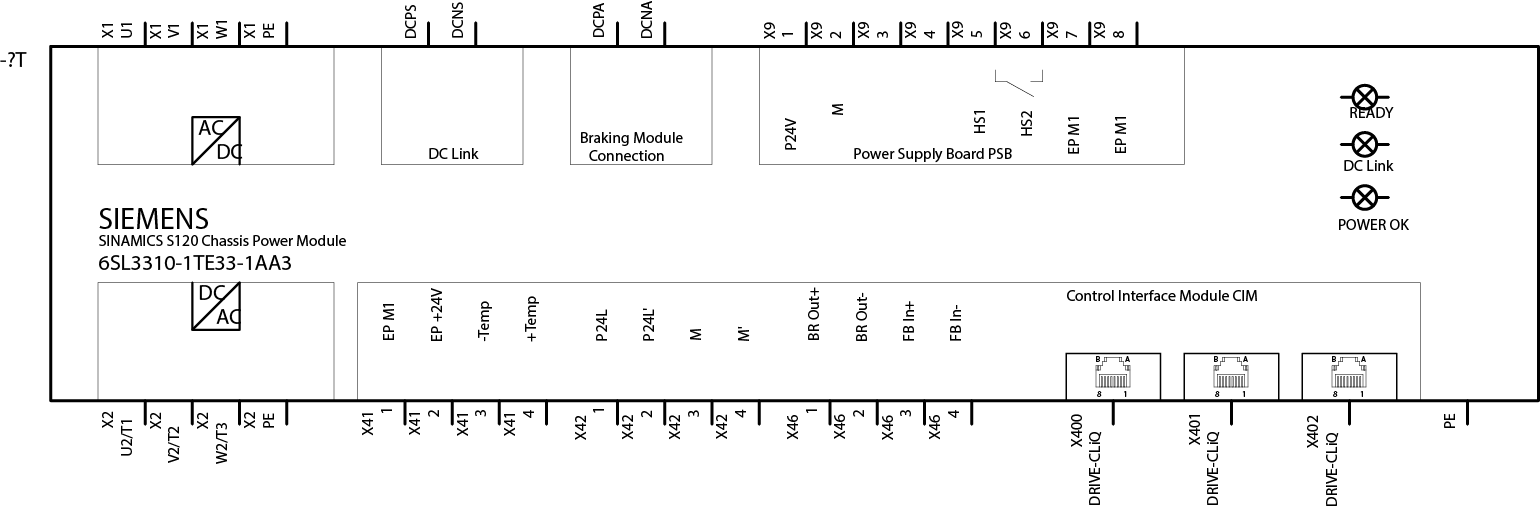 SINAMICS S120 CONVERTER POWER MODULE 3AC 380-480V, 50/60HZ, 310A (160 KW) INTERNAL AIR COOLING FRAME SIZE: CHASSIS SUPPORT OF THE EXTENDED SAFETY I...