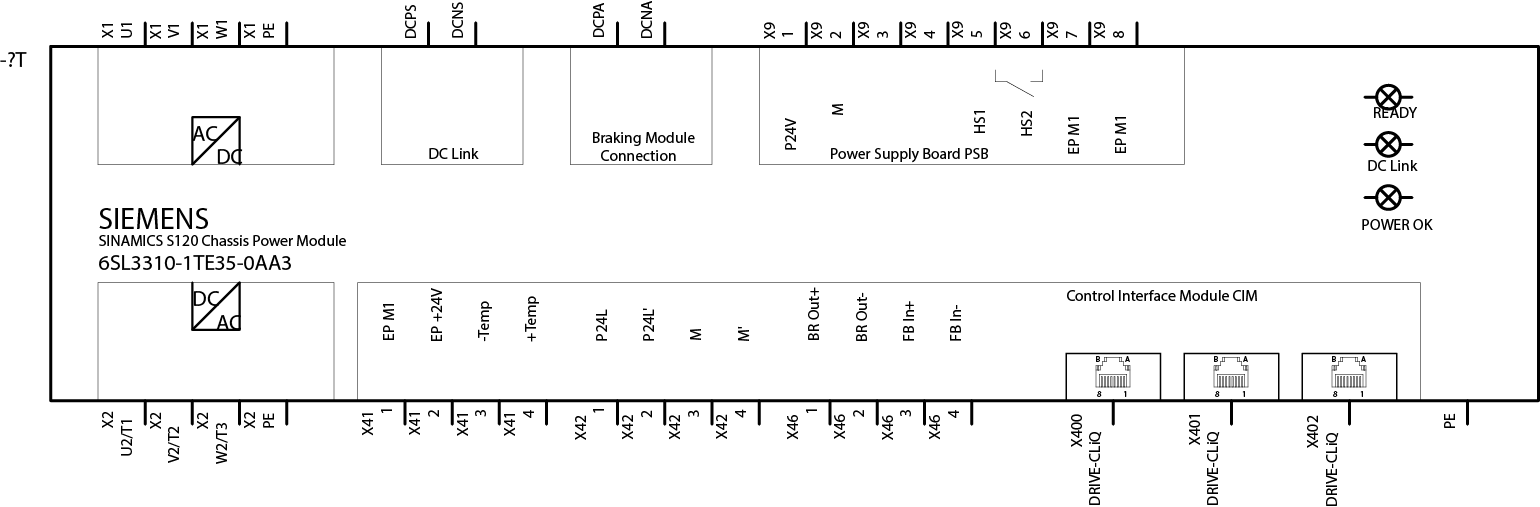 SINAMICS S120 CONVERTER POWER MODULE 3AC 380-480V, 50/60HZ, 490A (250 KW) INTERNAL AIR COOLING FRAME SIZE: CHASSIS SUPPORT OF THE EXTENDED SAFETY I...