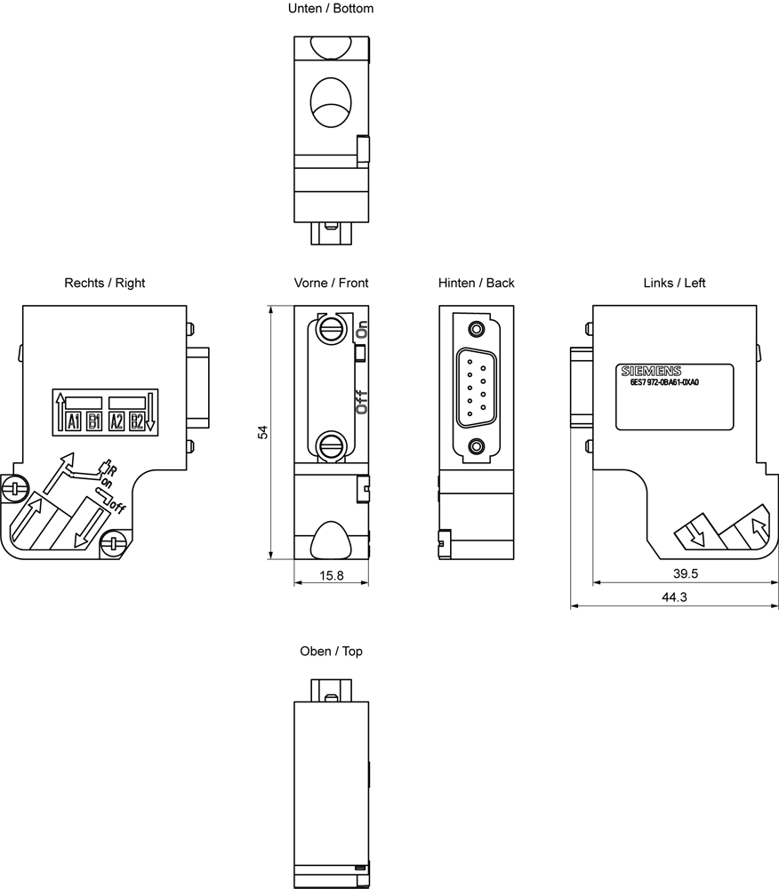 6ES7972-0BA61-0XA0 SIMATIC DP konektor PROFIBUS RS 485, Fast Connect, bez zdířProProgrPřístr, 35°