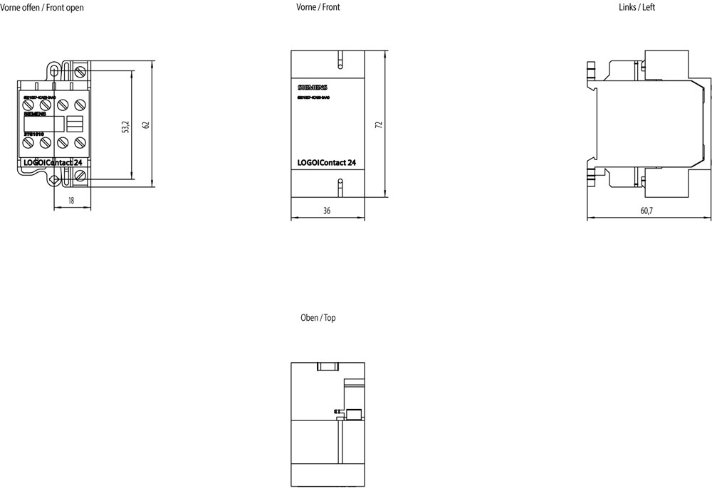 LOGO! Stykač 24 VDC 3-pólový, odporová zátěž až do 20 A a motory až do 4 kW, 24 V DC, 3 NO kontakty +1 NC EAN: 4,03E+12