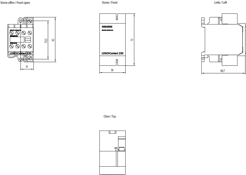 LOGO! stykač 230 VDC 3-pólový, odporová zátěž až do 20 A a motory až do 4 kW, AC 230V,3 NO kontakty +1 NC EAN: 4,03E+12