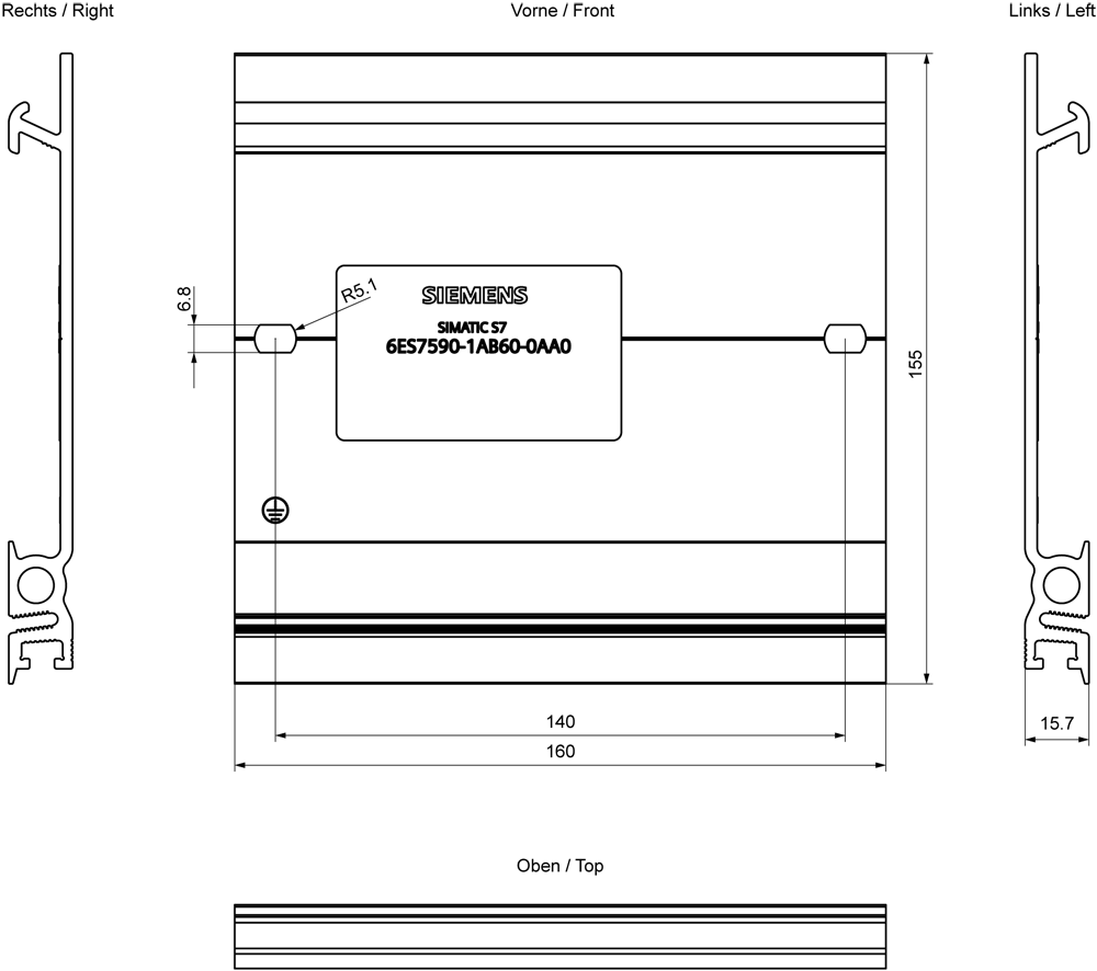 SIMATIC S7-1500 Mounting rail 160 mm (6.3) Incl. grounding screw