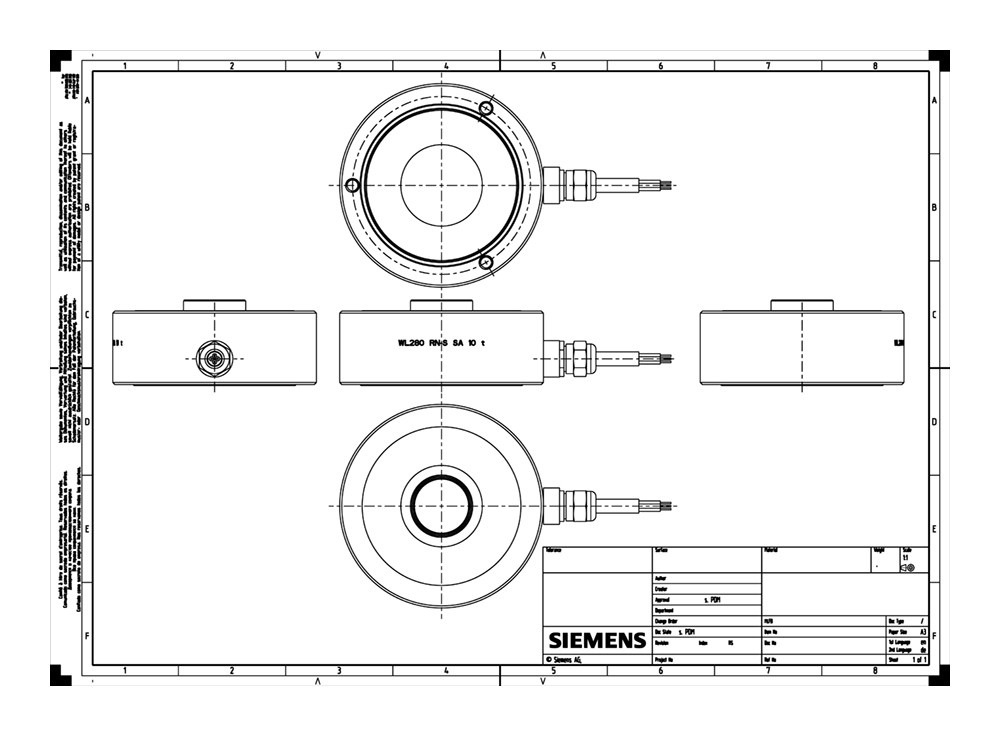 Siwarex WL 280 Load Cell RN-S SA 10t C3 - Rated Load 10t =- Accuracy class C3 according o OIML R60, - 15m Cable length, 4 Wires =- Made of STAINLES...