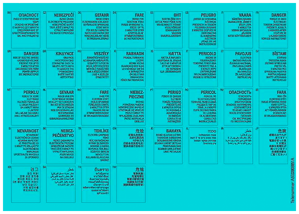 SINAMICS warning notice labels for SINAMICS module booksize format 1 sheet, 36 languages bg, cz, de, dk, ee, es, fi, fr, gb, gr, hu, ie, is, it, lt...