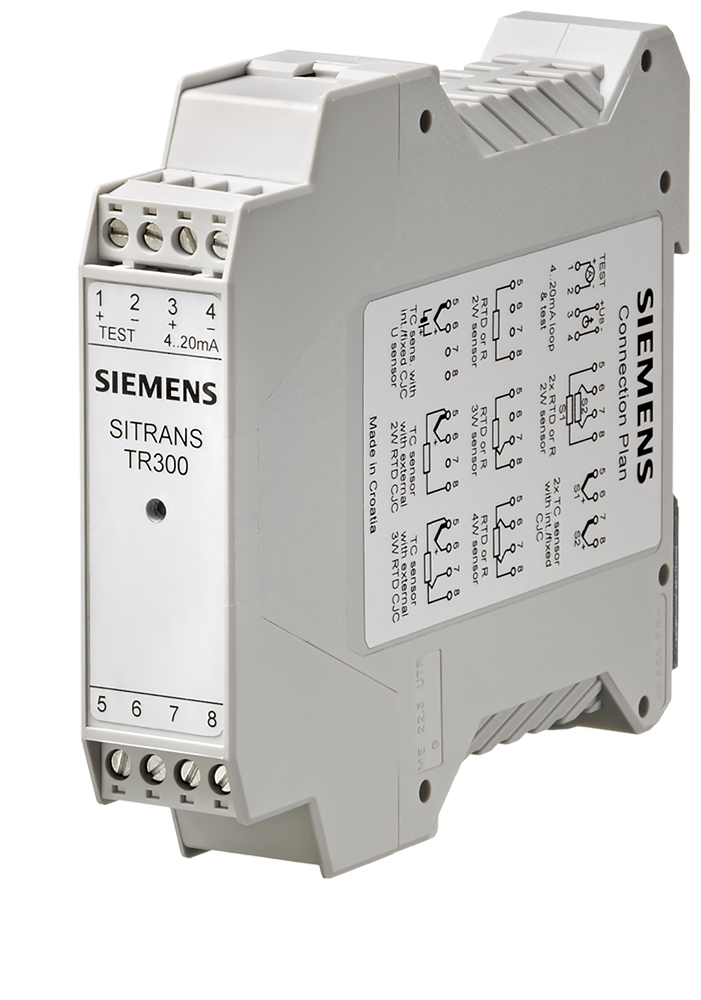 Temperature transmitter SITRANS TR300, for mounting on a standard DIN rail, two-wire system, 4 ... 20 mA, HART, with electricial isolation, with do...