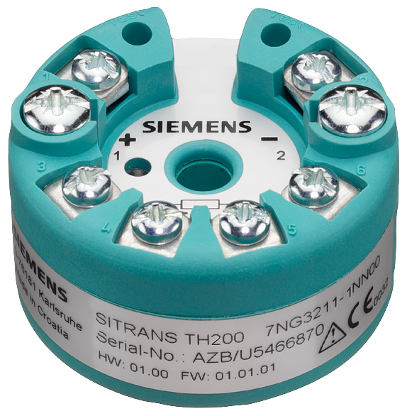 Temperature transmitter SITRANS TH200 for installation in connection head, type B (DIN 43729), two-wire system 4...20 mA, programmable, with electr...