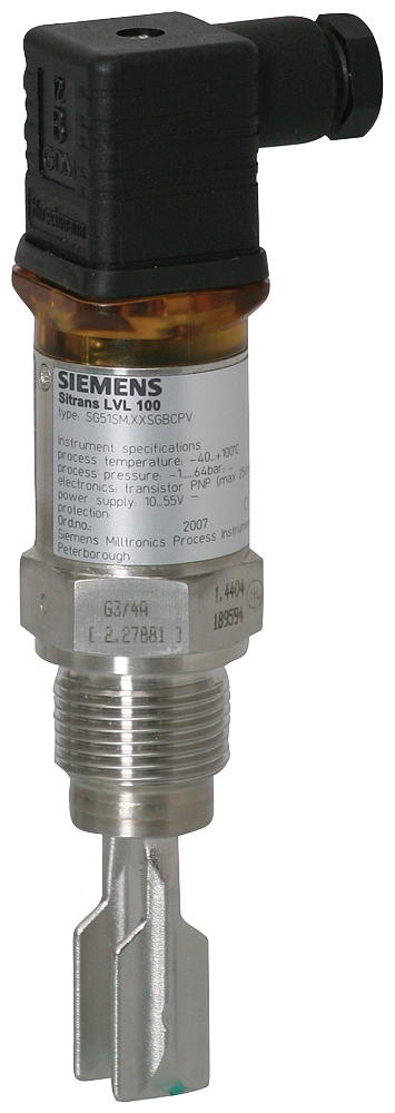 SITRANS LVL100 Vibrating point level switch. Detects level and material in liquids and slurries. Compact, with 40 mm (1.6 inch) insertion.