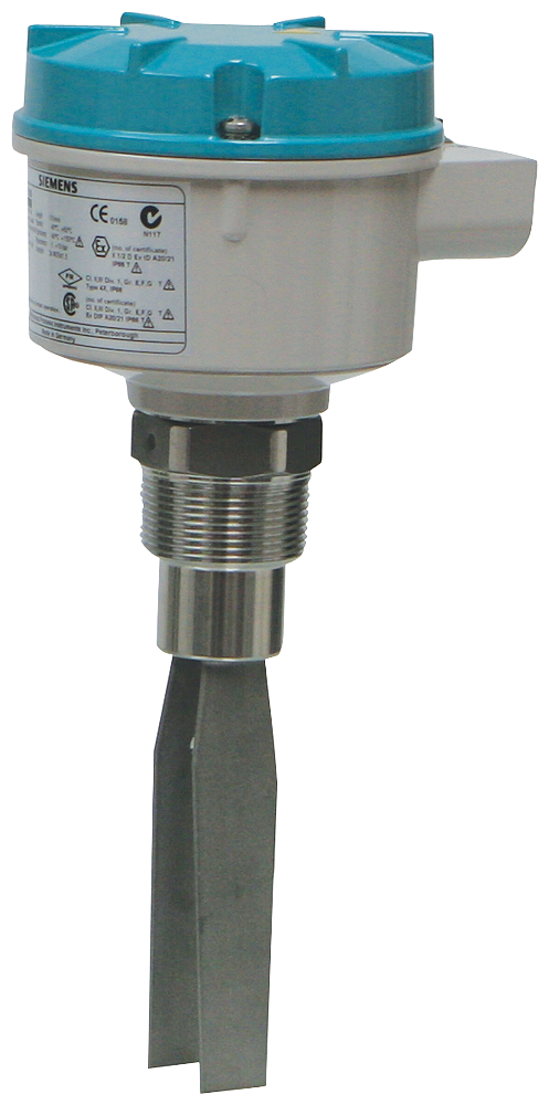 SITRANS LVS100 Vibrating fork point level switch: level and material detection for dry bulk solids. Extension options to 4 m (13.12 ft).