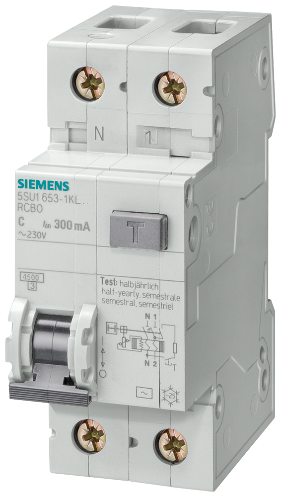 Aptomat chống dòng rò (RCBO) Siemens 5SU, 1 cực + N, 25 A, 30 mA, Loại AC, 4,5 kA