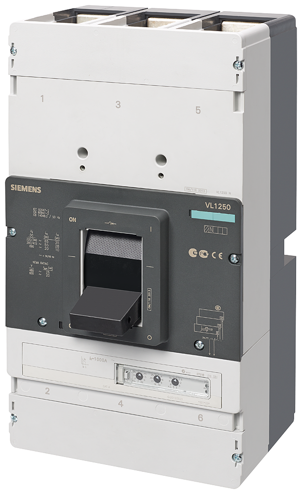 circuit breaker VL1250H high breaking capacity Icu=70kA, 415V AC 4-pole, line protection trip unit ETU10, LIN In=1250A, rated current IR=500...1250...