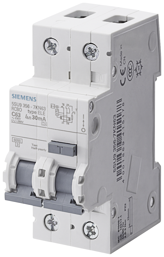 Aptomat chống dòng rò (RCBO) Siemens 5SU, 1 cực + N, đặc tính C, 6 A, 30 mA, Loại AC, 6 kA