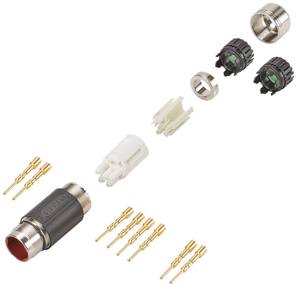 Power connector Sz. 1 type: 6FX2003-0LA00 6-pole pin, male thread 1x 6-pole insulator 8x pin contacts (1-2.5 mm2) 2x cable terminal for cable diame...