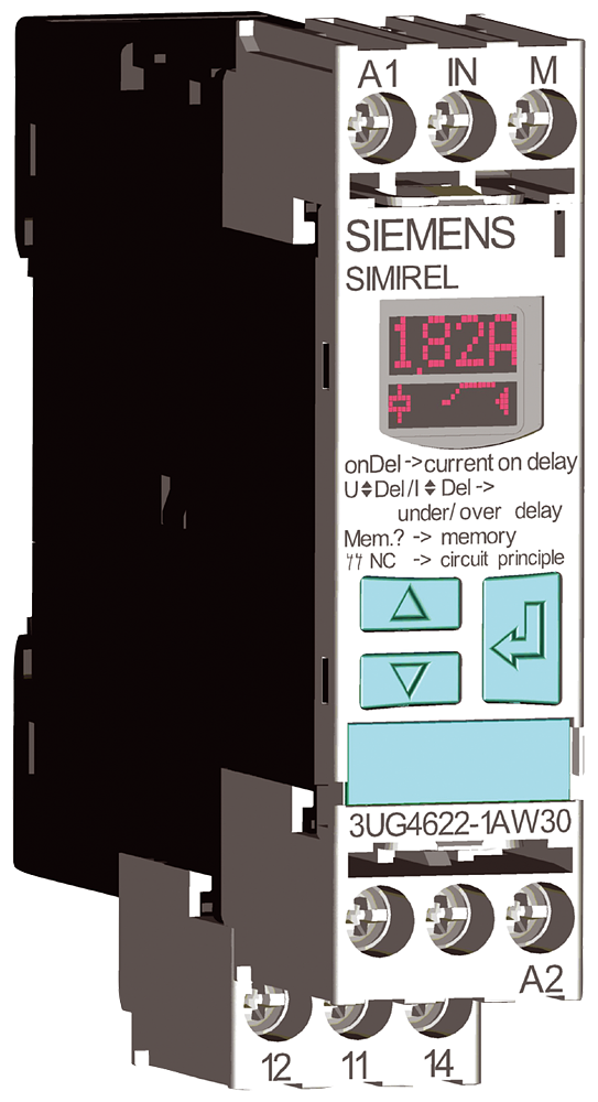 Digital monitoring relay current monitoring, 22.5 mm from 2 to 500 ma AC/DC overshoot and undershoot 24 to 240 V AC/DC DC and AC 50 to 60 HZ start kick and spike delay 0.1 to 20 s hysteresis 0.1 to 250 ma 1 changeover contact with or without error log screw terminal follow-on product for 3ug3521-1al20, 3ug3521-1ag20 and 3ug3521-1AC48-0aa1