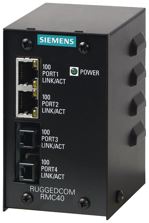 The RUGGEDCOM RMC40 is a 4-port unmanaged Ethernet switch that provides both copper-to-fiber media conversion as well as 10Mbps to 100Mbps speed conversion. configurations: 2 ports 10/100TX + 1 port 100FX (SC/ST) or 2 ports 10/100TX + 2 ports 100FX (MTRJ/LC) or 4 ports 10/100TX by Siemens