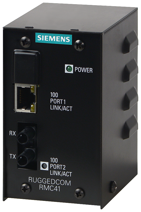 The RUGGEDCOM RMC41 is a 2-port unmanaged Ethernet switch that provides both copper-to-fiber media conversion as well as 10Mbps to 100Mbps speed conversion. Specifically designed to operate reliably in electrically and climatically harsh environments by Siemens