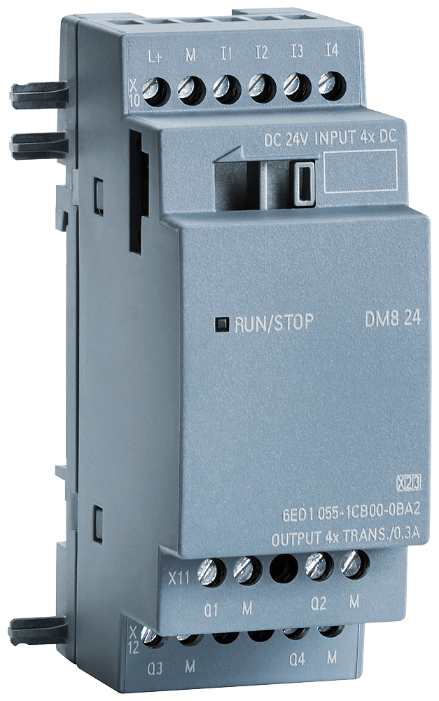 SIPLUS LOGO! DM8 24, teplotní rozsah -40 až +70C, s lakovaným plošným spojem, založený na 6ED1055-1CB00-0BA2. Rozšiřující modul, SV/I/O: 24V/24V/Tr...